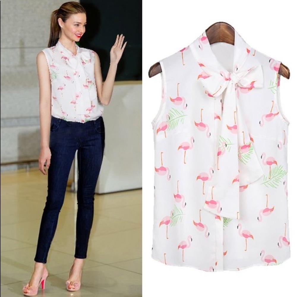 Goodnight Macaroon flamingo print sleeveless chiffon blouse XS